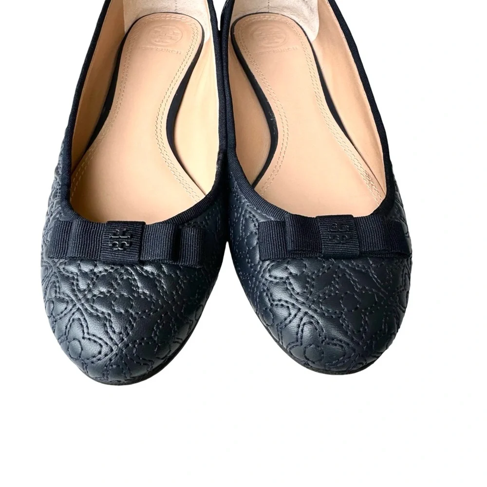Tory Burch Marion Quilted Navy Blue Flats Leather Bow Detail